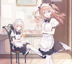 Rule 34 | 2girls, :d, apron, brown hair, chair, cup, drinking, drinking straw, hair ribbon, holding, itsuki (s2 129), long hair, looking at viewer, maid, maid apron, maid headdress, multiple girls, open mouth, original, pantyhose, purple eyes, red eyes, ribbon, short hair, silver hair, sitting, smile, teacup, waist apron