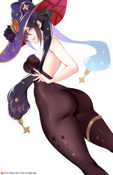 Rule 34 | 1girl, aqua eyes, ass, back, black hair, blush, bodystocking, breasts, chinese commentary, genshin impact, hat, highres, huge ass, jewelry, korean commentary, long hair, looking at viewer, looking back, medium breasts, mixed-language commentary, mona (genshin impact), pendant, purple hat, simple background, skin tight, smile, thighs, tofuubear, twintails, white background