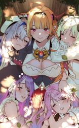 Rule 34 | 5girls, absurdres, ahoge, amane kanata, angel, beret, bibi (tokoyami towa), blonde hair, blue hair, blunt bangs, bow, breasts, cleavage cutout, closed eyes, closed mouth, clothing cutout, commentary, curled horns, dappled sunlight, demon girl, demon horns, diagonal-striped bow, dragon girl, dragon horns, ear piercing, english commentary, fake horns, falling leaves, gradient hair, hair ornament, hairclip, hand on another&#039;s head, hat, hievasp, highres, himemori luna, himemori luna (1st costume), hololive, horn bow, horn ornament, horns, kiryu coco, kiryu coco (1st costume), large breasts, leaf, long hair, multicolored hair, multiple girls, open mouth, orange hair, piercing, pink hair, pleated skirt, pointy ears, purple eyes, red skirt, sheep girl, sheep horns, short hair, silver hair, skirt, smile, streaked hair, striped, striped bow, sunlight, tokoyami towa, tree, tree shade, tsunomaki watame, tsunomaki watame (street casual), under tree, virtual youtuber, white headwear