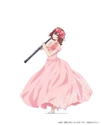Rule 34 | 1girl, aria (manga), azusa mclaren, collarbone, copyright name, copyright notice, dress, floral print, flower, full body, hair flower, hair ornament, hands up, highres, holding, holding instrument, instrument, long dress, long hair, music, oboe, off-shoulder dress, off shoulder, pink dress, pink flower, playing instrument, print dress, red flower, red hair, simple background, smile, solo, standing, standing on one leg, strapless, strapless dress, tiptoes, toe cleavage, white background, white footwear