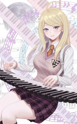 Rule 34 | 1girl, ahoge, akamatsu kaede, backpack, bag, black socks, blonde hair, breasts, collared shirt, commentary, commentary request, danganronpa (series), danganronpa v3: killing harmony, english commentary, floating, floating object, fortissimo, hair ornament, highres, instrument, keyboard (instrument), kneehighs, large breasts, long hair, long sleeves, looking at viewer, mixed-language commentary, moon, musical note, musical note hair ornament, necktie, open mouth, parted lips, pleated skirt, rope, rope marks, school uniform, shirt, silvertsuki, skirt, smile, socks, spoilers, sweater vest, teeth, white shirt