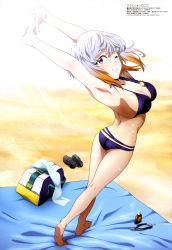 Rule 34 | 10s, 1girl, absurdres, aquarion logos, arms behind head, ass, bad anatomy, bad proportions, bag, barefoot, beach, beach towel, bikini, breasts, butt crack, cleavage, day, feet, gradient hair, highres, legs, looking back, megami magazine, multicolored hair, non-web source, official art, one eye closed, orange hair, poorly drawn, quality, red eyes, sandals, unworn sandals, scan, shoes, unworn shoes, silver hair, smile, solo, stretching, swimsuit, tanaka saki, towel, tsukigane maia, wet