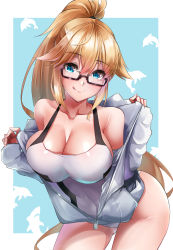Rule 34 | 1girl, bare shoulders, blonde hair, blue eyes, blush, breasts, cleavage, collarbone, competition swimsuit, fate/grand order, fate (series), glasses, high ponytail, highleg, highleg swimsuit, highres, jacket, jeanne d&#039;arc (fate), jeanne d&#039;arc (ruler) (fate), jeanne d&#039;arc (swimsuit archer) (fate), jeanne d&#039;arc (swimsuit archer) (second ascension) (fate), large breasts, long hair, looking at viewer, one-piece swimsuit, open clothes, open jacket, sezok, smile, solo, sweater, swimsuit, thighs, very long hair, white jacket, white sweater