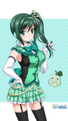 Rule 34 | 1girl, breasts, dress, elbow gloves, garter belt, gloves, green dress, green eyes, green hair, hands on own hips, headset, itsuki sayaka, large breasts, marronni yell, mascot, matching hair/eyes, official art, official wallpaper, playing with hair, ponytail, side ponytail, solo, thighhighs, urita ruri, wallpaper