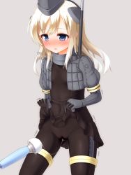Rule 34 | 10s, 1girl, ^^^, black dress, black pantyhose, blonde hair, blue eyes, blush, cameltoe, cleft of venus, clothes lift, covered navel, cowboy shot, cropped jacket, dress, dress lift, faubynet, garrison cap, gloves, grey background, hat, headgear, highres, hitachi magic wand, kantai collection, long hair, military, military hat, military uniform, open mouth, pantyhose, puffy sleeves, pussy juice, pussy juice stain, pussy juice trail, sex toy, simple background, solo, u-511 (kancolle), uniform, vibrator