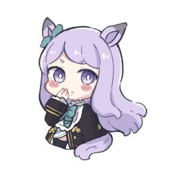 Rule 34 | 1girl, animal ears, black jacket, black skirt, blue bow, blush stickers, bow, commentary, covered mouth, ear ribbon, food, food on face, green ribbon, hand up, highres, horse ears, horse girl, horse tail, jacket, long hair, long sleeves, looking at viewer, mejiro mcqueen (umamusume), nozo (hitomiz), pleated skirt, purple eyes, purple hair, ribbon, short eyebrows, simple background, skirt, sleeves past wrists, solo, swept bangs, symbol-only commentary, tail, thick eyebrows, umamusume, very long hair, white background