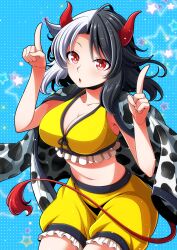Rule 34 | 1girl, animal ears, animal print, breasts, cleavage, collarbone, cow ears, cow girl, cow print, cow tail, cowboy shot, eichi yuu, highres, large breasts, looking at viewer, medium breasts, multicolored hair, red eyes, shorts, solo, tail, touhou, two-tone hair, ushizaki urumi