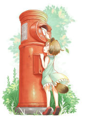 Rule 34 | 1girl, absurdres, animal ears, arm support, brown hair, child, dress, highres, leaf, letter, looking up, nabana, open mouth, original, postbox, raccoon ears, raccoon tail, reaching, short hair, sleeveless, sleeveless dress, solo, tail, tiptoes