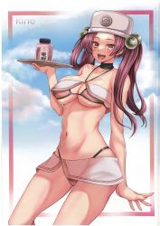 Rule 34 | 1girl, absurdres, bare shoulders, bikini, breasts, brown eyes, cleavage, cloud, creatures (company), fingernails, game freak, hair ornament, halterneck, hat, highleg, highleg bikini, highres, large breasts, lips, long hair, looking at viewer, medium breasts, navel, nintendo, open mouth, pesselle (pokemon), pink hair, pokemon, pokemon legends: arceus, scan, shiny skin, simple background, skirt, sky, smile, solo, stomach, swimsuit, takecha, teeth, thighs, tray, twintails
