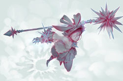 Rule 34 | 1girl, bonnet, boots, bow, commentary, dress, flying, gauntlets, gloves, hair between eyes, hair bow, holding, holding weapon, jumping, limited palette, mace, multicolored background, neck ribbon, original, parted lips, ribbon, short dress, short hair, solo, spikes, thighhighs, timbougami, weapon