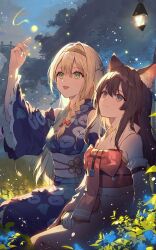 2girls :d animal_ear_fluff animal_ears atelier_(series) atelier_resleriana atelier_ryza backlighting bare_shoulders black_hair blonde_hair blue_kimono blue_sleeves braid cat_ears cat_girl detached_sleeves dress fireflies floral_print frilled_sleeves frills green_eyes grey_eyes hair_between_eyes hairband highres izana_kokoschka japanese_clothes kimono klaudia_valentz klaudia_valentz_(fragrant_elegance) long_hair long_sleeves multiple_girls necomi night night_sky non-web_source official_alternate_costume official_art open_mouth outdoors pink_dress sash second-party_source sitting sky smile tree wide_sleeves