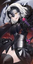 Rule 34 | 1girl, absurdres, armor, armored dress, black dress, black thighhighs, breasts, chain, collar, dress, fate/grand order, fate (series), faulds, flag, gauntlets, grey hair, headpiece, highres, jeanne d&#039;arc alter (avenger) (fate), jeanne d&#039;arc alter (fate), kaa-san, large breasts, looking at viewer, metal collar, open mouth, plackart, short hair, smile, solo, sword, thighhighs, thighs, weapon, yellow eyes