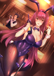 Rule 34 | 1boy, 1girl, :d, alcohol, animal ears, antiqq, bar (place), bar stool, bare arms, bare shoulders, black vest, bottle, breasts, bridal garter, brown pantyhose, ceiling light, cleavage, closed mouth, collared shirt, covered navel, cu chulainn (caster) (fate), cu chulainn (fate), cu chulainn (fate/stay night), cup, detached collar, drinking glass, dutch angle, fake animal ears, fake tail, fate/grand order, fate (series), fishnet pantyhose, fishnets, flower, gae bolg (fate), hair between eyes, hair strand, hands up, holding, holding bottle, holding cup, holding drinking glass, indoors, large breasts, leg up, leotard, light, long hair, long sleeves, mouth hold, official alternate costume, open mouth, pantyhose, pink hair, playboy bunny, purple flower, purple hair, purple leotard, purple rose, rabbit ears, rabbit tail, red eyes, rose, scathach (fate), scathach (piercing bunny) (fate), shelf, shiny clothes, shirt, smile, standing, standing on one leg, stool, straight hair, strapless, strapless leotard, tail, very long hair, vest, white shirt, wine, wine glass, wing collar, wrist cuffs