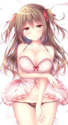 Rule 34 | 1girl, arm up, babydoll, bare shoulders, bed sheet, black panties, blush, bow, bow panties, breast hold, breasts, brown eyes, brown hair, cleavage, closed mouth, collarbone, commentary request, frills, groin, hair ribbon, head tilt, highres, large breasts, long hair, lowleg, lowleg panties, lying, navel, on back, original, panties, red ribbon, ribbon, solo, suzukawa yui, thigh gap, two side up, underwear, very long hair, white babydoll