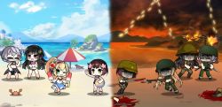 Rule 34 | 4girls, ball, bayonet, beach, beachball, bikini, blonde hair, blood, brown hair, character request, chibi, commentary, crab, english commentary, explosion, flak, flower, flower on head, food, girls&#039; frontline, green eyes, gun, hair flower, hair ornament, hairband, holding, imperial japanese army, long hair, m1 garand (girls&#039; frontline), multiple girls, nori (seaweed), ocean, onigiri, open mouth, outdoors, parasol, popsicle, projectile trail, rice, rifle, sand, school swimsuit, short hair, smile, sunglasses, swimsuit, sword, the mad mimic, thompson (girls&#039; frontline), tracer ammunition, type 100 (girls&#039; frontline), type 4 (girls&#039; frontline), umbrella, united states marine corps, war, weapon, world war ii