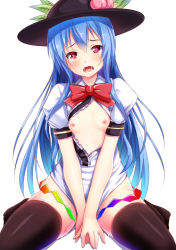 Rule 34 | 1girl, black thighhighs, blue hair, breasts, collarbone, covering privates, covering crotch, ebi 193, flat chest, food, fruit, hat, heart, heart-shaped pupils, hinanawi tenshi, naked shirt, nipples, no bra, open clothes, open mouth, open shirt, peach, pussy juice, red eyes, saliva, shirt, shirt tug, sitting, small breasts, solo, symbol-shaped pupils, tears, thighhighs, touhou, v arms, wariza