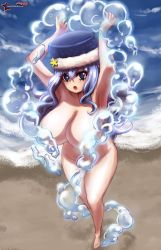 Rule 34 | 1girl, absurdres, armpits, arms up, artist name, awesomeerix, barefoot, beach, blue hair, breasts, convenient censoring, fairy tail, from above, full body, hat, highres, juvia lockser, large breasts, long hair, looking at viewer, nude, outdoors, solo, water