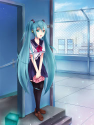 Rule 34 | 1girl, aqua eyes, aqua hair, bento, black thighhighs, chain-link fence, cloud, dmith, fence, food, full body, hair between eyes, hatsune miku, highres, holding, loafers, long hair, long image, looking at viewer, open mouth, school uniform, serafuku, shoes, sky, stairs, standing, tall image, thighhighs, twintails, uniform, very long hair, vocaloid
