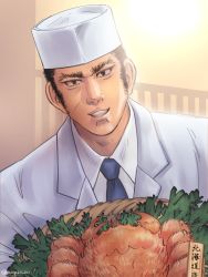 Rule 34 | 1boy, alternate costume, black hair, buzz cut, chef, chef hat, chef, formal, golden kamuy, hat, incoming food, lobster, long sideburns, looking at viewer, male focus, mature male, necktie, nopinzo, short hair, sideburns, smile, solo, suit, tanigaki genjirou, thick eyebrows, very short hair, white suit