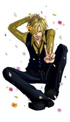 Rule 34 | 1boy, blonde hair, flower, formal, hair over one eye, male focus, miwan one, one piece, pixiv sample, sanji (one piece), shirt, smile, solo, suit, yellow shirt