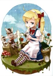 Rule 34 | 1girl, absurdres, ahoge, alice (alice in wonderland), alice in wonderland, animal ears, apron, blonde hair, blue eyes, book, bow, bowtie, briefcase, candle, card, checkered background, cloud, coffee, cup, day, dress, earrings, fence, flower, grass, hair bow, hair ornament, hair ribbon, hairband, hat, heart, highres, jewelry, long hair, mary janes, mug, mushroom, pantyhose, pocket watch, pouch, puffy sleeves, rabbit, rabbit ears, ribbon, rose, shoes, short sleeves, sitting, skirt, spade, star (symbol), striped clothes, striped pantyhose, swept bangs, top hat, tree stump, twintails, watch, white rabbit (alice in wonderland), yukiu con