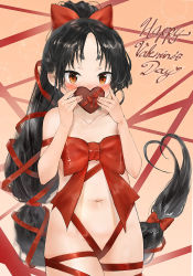 Rule 34 | 1girl, black hair, blush, bow, breasts, brown eyes, candy, chocolate, chocolate heart, collarbone, convenient censoring, covered mouth, cowboy shot, english text, food, gift, gradient background, heart, holding, holding chocolate, holding food, holding gift, kantai collection, long hair, looking at viewer, low-tied long hair, naked ribbon, navel, nisshin (kancolle), ponytail, red bow, red ribbon, ribbon, small breasts, solo, thick eyebrows, toka (marchlizard), valentine, very long hair