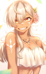 Rule 34 | 1girl, ahoge, arm tattoo, bikini, bikini top only, blonde hair, facial mark, fangs, flower, grin, hair flower, hair ornament, highres, jewelry, looking at viewer, luu3, necklace, orange eyes, original, smile, solo, swimsuit, tan, tattoo, tooth necklace, upper body
