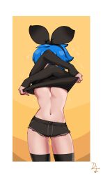 Rule 34 | 1girl, black hairband, black ribbon, black shorts, black sweater, black thighhighs, blue hair, border, breasts, commentary, covered eyes, covered mouth, cowboy shot, dif (difman), difman, english commentary, flying sweatdrops, groin, hairband, highres, medium breasts, motion lines, navel, orange background, original, ribbon, short hair, short shorts, shorts, skin tight, sleeves past wrists, solo, standing, stomach, sweater, thighhighs, trembling, undressing, white border, yellow background