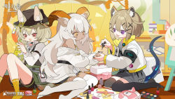 Rule 34 | 3girls, :d, :o, animal ear fluff, animal ears, applying manicure, arknights, artist request, bare shoulders, beanstalk (arknights), beeswax (arknights), black headwear, black legwear, black nails, black shorts, black skirt, brown eyes, brown hair, brown nails, commentary request, dark-skinned female, dark skin, ears through headwear, fang, grey hair, hair between eyes, hair ornament, hairclip, hat, highres, horns, jacket, knees together feet apart, knees up, long hair, long sleeves, multicolored nails, multiple girls, nail polish, no shoes, official alternate costume, open clothes, open jacket, open mouth, painting nails, parted lips, puffy long sleeves, puffy sleeves, purple eyes, red eyes, ribbed legwear, shirt, short shorts, shorts, sitting, skirt, sleeveless, sleeveless shirt, smile, socks, tail, thighhighs, utage (arknights), very long hair, wariza, white jacket, white legwear, white shirt, x hair ornament, yellow legwear, yellow nails