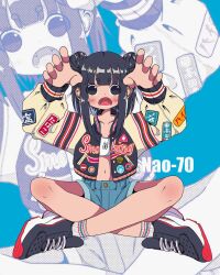 Rule 34 | 1girl, arms up, artist name, badge, bare legs, black eyes, black footwear, black hair, black jacket, blue background, blue shorts, blush, button badge, collarbone, cropped shirt, d:, denim, denim shorts, double bun, fangs, full body, hair bun, halftone, highres, indian style, jacket, letterman jacket, long hair, long sleeves, looking at viewer, nao97122, navel, open clothes, open jacket, open mouth, original, patch, print jacket, revision, ribbed socks, shirt, shoes, shorts, sidelocks, sitting, sneakers, socks, solo, straight-on, streetwear, white shirt, white socks, zoom layer
