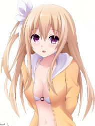Rule 34 | 10s, 1girl, bikini, bikini under clothes, blonde hair, blush, breasts, cleavage, date a live, jacket, keenh, long hair, looking at viewer, mayuri (date a live), medium breasts, navel, o-ring, o-ring bikini, o-ring top, open mouth, purple eyes, side ponytail, smile, solo, swimsuit, swimsuit under clothes, white bikini