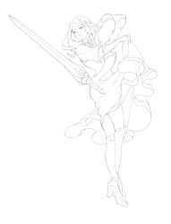 Rule 34 | 10s, 1girl, absurdres, bad id, bad pixiv id, boots, bow, bowtie, clothes lift, dress, dress lift, elbow gloves, full body, gloves, greyscale, high heels, highres, holding, holding sword, holding weapon, knee boots, li-e, lineart, monochrome, parted lips, phara suyuf, senki zesshou symphogear, short sleeves, simple background, solo, sword, tunic, weapon, white background