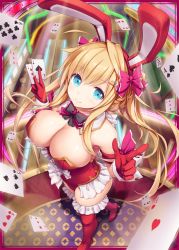 Rule 34 | 1girl, akkijin, animal ears, aqua eyes, blonde hair, blush, bow, bowtie, breasts, card, cleavage, fortuna (shinkai no valkyrie), frilled thighhighs, frills, gloves, hair ornament, hair ribbon, heart, large breasts, long hair, looking at viewer, playing card, poker, rabbit ears, red gloves, ribbon, shinkai no valkyrie, thighhighs
