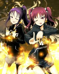 Rule 34 | 10s, 2girls, bling, clothes writing, earrings, english text, fire, highres, hood, hoodie, jewelry, kazuno leah, kazuno sarah, long hair, love live!, love live! sunshine!!, multiple girls, one eye closed, pink eyes, pink hair, ponytail, purple hair, ring, saint snow, scrunchie, short shorts, shorts, siblings, sisters, smoke, standing, tanashi (mk2), tongue, tongue out, twintails