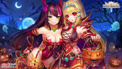 Rule 34 | &gt;:), 2girls, animal ears, aqua eyes, arm around waist, armpits, bag, bare shoulders, bare tree, bat (animal), bird, black hair, blonde hair, blush, bow, bowtie, brave frontier, breasts, cape, castle, character request, cleavage, cleavage cutout, closed mouth, clothing cutout, copyright name, cowboy shot, cross-laced clothes, cross-laced cutout, detached sleeves, dress, facial mark, fang, fang out, floating, flower, garter straps, ghost, gluteal fold, graveyard, green eyes, groin, hair between eyes, hair flower, hair ornament, halloween costume, hand on own hip, heart, highres, holding, holding bag, horns, jack-o&#039;-lantern, jewelry, jurrig, leaning forward, legs apart, leotard, long hair, long sleeves, looking at viewer, medium breasts, midriff, multicolored hair, multiple girls, nail polish, necklace, night, night sky, nose blush, outdoors, owl, peeking, pink flower, pink hair, pink leotard, pink rose, pumpkin, red bow, red cape, red dress, red eyes, red nails, red neckwear, rose, shoulder tattoo, side cutout, silhouette, skull, sky, sleeveless, sleeveless dress, standing, strapless, strapless leotard, tareme, tattoo, tombstone, tree, tsurime, two-tone hair, v-shaped eyebrows, very long hair, whisker markings, x hair ornament