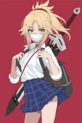 Rule 34 | 1girl, backpack, bag, blonde hair, blue skirt, blush, braid, breasts, choker, clarent (fate), collared shirt, dress shirt, fate/apocrypha, fate (series), french braid, green eyes, hair ornament, hair scrunchie, highres, long hair, looking at viewer, mask, mordred (fate), mordred (fate/apocrypha), mouth mask, parted bangs, ponytail, red background, red scrunchie, scrunchie, shirt, sidelocks, simple background, skirt, sleeves rolled up, small breasts, surgical mask, sword, tonee, weapon, white shirt