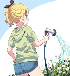 Rule 34 | 1girl, aqua eyes, ass, black ribbon, blonde hair, blue background, blue shorts, blunt bangs, closed mouth, commentary request, cowboy shot, daisy, flower, from behind, gochuumon wa usagi desu ka?, green hoodie, hair ribbon, hand on own hip, highres, holding, holding hose, hood, hoodie, hose, hose nozzle, kirima syaro, looking to the side, mohei, ribbon, short hair, short shorts, short sleeves, shorts, side ponytail, sidelocks, solo, standing, two-tone background, water, watering, white background