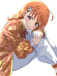 Rule 34 | 1girl, absurdres, bad id, bad pixiv id, blush, braid, chinese clothes, cowlick, hair ornament, head rest, highres, icehotmilktea, knees up, long sleeves, looking at viewer, love live!, love live! sunshine!!, orange hair, orange shirt, pants, red eyes, shirt, side braid, simple background, sitting, smile, solo, takami chika, vine print, white background, white pants