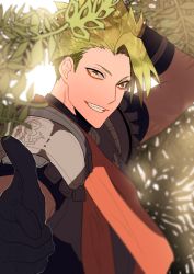 Rule 34 | 1boy, achilles (fate), armor, black gloves, commentary request, fate/apocrypha, fate/grand order, fate (series), gloves, green hair, komona, looking at viewer, looking to the side, male focus, short hair, shoulder armor, smile, solo, teeth, tree, upper body, yellow eyes
