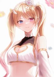 Rule 34 | 1girl, 723/nanahumi, ayane pop, bare shoulders, blonde hair, blue eyes, breasts, choker, cleavage, cleavage cutout, closed mouth, clothing cutout, crop top, crop top overhang, crown, detached sleeves, gold trim, hair ornament, hairclip, heart, heart choker, heart cutout, heterochromia, highres, indie virtual youtuber, long hair, long sleeves, looking at viewer, medium breasts, midriff, mini crown, mole, mole on breast, mole under eye, multicolored hair, pink eyes, revealing clothes, shirt, smile, solo, stomach, streaked hair, twintails, upper body, virtual youtuber, white choker, white shirt