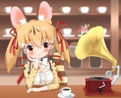 Rule 34 | 1girl, animal ears, bow, bowtie, brown eyes, brown hair, cafe, cat ears, cat girl, coffee, coffee cup, cup, disposable cup, extra ears, highres, kemono friends, kemono friends v project, large-spotted genet (kemono friends), long hair, phonograph, record, ribbon, shin01571, shirt, twintails, upper body, virtual youtuber
