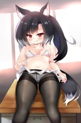 Rule 34 | 1girl, :3, absurdres, akiba monaka, animal ear fluff, animal ears, azur lane, backlighting, black hair, black pantyhose, blush, bra, breasts, breasts apart, breath, bright pupils, clothes lift, commentary request, crotch seam, fine fabric emphasis, furrowed brow, half-closed eyes, highres, indoors, lace, lace-trimmed bra, lace-trimmed panties, lace trim, licking lips, lifting own clothes, long hair, microskirt, midriff, nail art, nail polish, navel, panties, panties under pantyhose, pantyhose, pleated skirt, red eyes, red nails, shigure (azur lane), skindentation, skirt, skirt lift, solo, stomach, tail, thigh gap, thighband pantyhose, thighs, tongue, tongue out, underwear, white bra, white panties, white skirt, window, wolf ears, wolf girl, wolf tail
