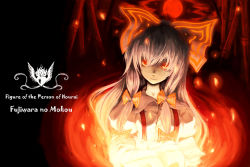 Rule 34 | 1girl, bamboo, bow, character name, english text, face, female focus, fire, fujiwara no mokou, full moon, glowing, glowing eyes, hair bow, hair ribbon, long hair, moon, red eyes, red moon, ribbon, sasarekoube, solo, suspenders, text focus, touhou, volcano, white hair