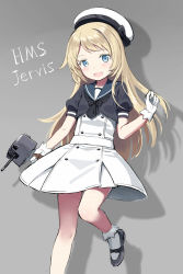 Rule 34 | 1girl, :d, bad id, bad pixiv id, beret, black footwear, black neckwear, blue eyes, blush, character name, cnm, colored eyelashes, crop top, dress, gloves, hat, highres, holding, holding weapon, jervis (kancolle), jewelry, kantai collection, leg up, long hair, looking at viewer, mary janes, necklace, open mouth, puffy short sleeves, puffy sleeves, shadow, shoes, short sleeves, smile, socks, solo, standing, standing on one leg, straight hair, tareme, very long hair, weapon, white dress, white gloves, white hat, white socks