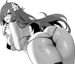 Rule 34 | 1girl, ass, azur lane, azur lane: slow ahead, belt, black choker, black one-piece swimsuit, blush, bracelet, breasts, chain, choker, dangle earrings, drooling, earrings, flower, from behind, greyscale, hair flower, hair ornament, hair over one eye, heart, heart-shaped pupils, hori (hori no su), huge ass, huge breasts, jewelry, long hair, looking at viewer, looking back, mogador (azur lane), mogador (locker room lechery) (azur lane), monochrome, mouth drool, official alternate costume, one-piece swimsuit, open mouth, skindentation, solo, sweat, swimsuit, symbol-shaped pupils, thigh belt, thigh strap, very long hair