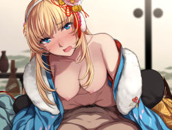Rule 34 | 1boy, 1girl, :d, black thighhighs, blonde hair, blue eyes, blurry, blurry background, blush, breasts, cleavage, clothed sex, cowgirl position, depth of field, evelysse (star ocean), girl on top, hair ornament, hairband, hanging breasts, head tilt, hetero, japanese clothes, kimono, large breasts, long hair, looking at viewer, male pubic hair, nagioka, navel, nipples, off shoulder, open clothes, open kimono, open mouth, pov, pubic hair, sex, sitting, smile, star ocean, straddling, thighhighs, vaginal