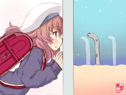 Rule 34 | 1girl, artist logo, backpack, bag, brown hair, cardigan, commentary request, cosplay, dated, eel, hat, kanon (kurogane knights), kantai collection, leaning forward, long hair, randoseru, sailor hat, simple background, solo, upper body, wall, wavy hair, white background, white hat, yashiro (kancolle)