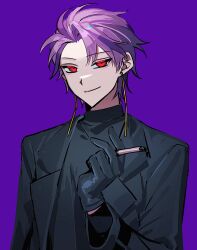 Rule 34 | 1boy, black gloves, black jacket, black shirt, cigarette, closed mouth, commentary request, earrings, gloves, highres, holding, holding cigarette, jacket, jewelry, korean commentary, long sleeves, male focus, open clothes, open jacket, purple background, purple hair, red eyes, saibou shinkyoku, shirt, short hair, simple background, smile, solo, solo a, theodore riddle, turtleneck, upper body