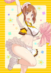 Rule 34 | 1girl, :d, arm up, breasts, brown hair, cheering, cheerleader, covered erect nipples, crop top, cropped jacket, girls und panzer, hat, hat ribbon, highres, holding, holding pom poms, medium breasts, medium hair, miniskirt, nakamura yukitoshi, navel, nishizumi miho, open mouth, parted bangs, pleated skirt, pom pom (cheerleading), pom poms, ribbon, shirt, skirt, smile, solo, standing, standing on one leg, star (symbol), striped, striped background, thighs, white footwear, white hat, white legwear, white skirt, yellow shirt