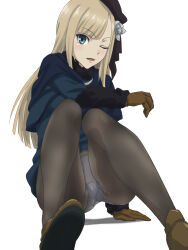 Rule 34 | 1girl, ;d, ass, black headwear, blonde hair, blue capelet, blue jacket, brown footwear, brown gloves, brown pantyhose, capelet, fate (series), flower, fur-trimmed jacket, fur collar, fur trim, gloves, grey flower, hair flower, hair ornament, highres, jacket, knees up, long hair, lord el-melloi ii case files, nomanota, one eye closed, open mouth, panties, panties under pantyhose, pantyhose, reines el-melloi archisorte, shiny skin, shoes, simple background, smile, solo, underwear, white background